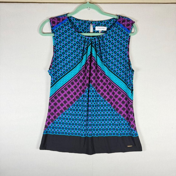Calvin Klein Womens Teal Purple Geometric Print Sleeveless Pleated Shell Top - Picture 2 of 7